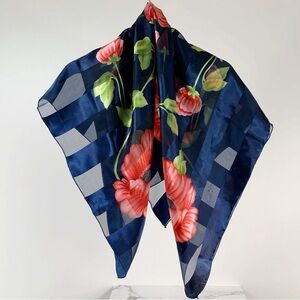 Vintage Sheer Floral Navy Stripe Rose Flower Print Scarf Wrap 38 x 38”